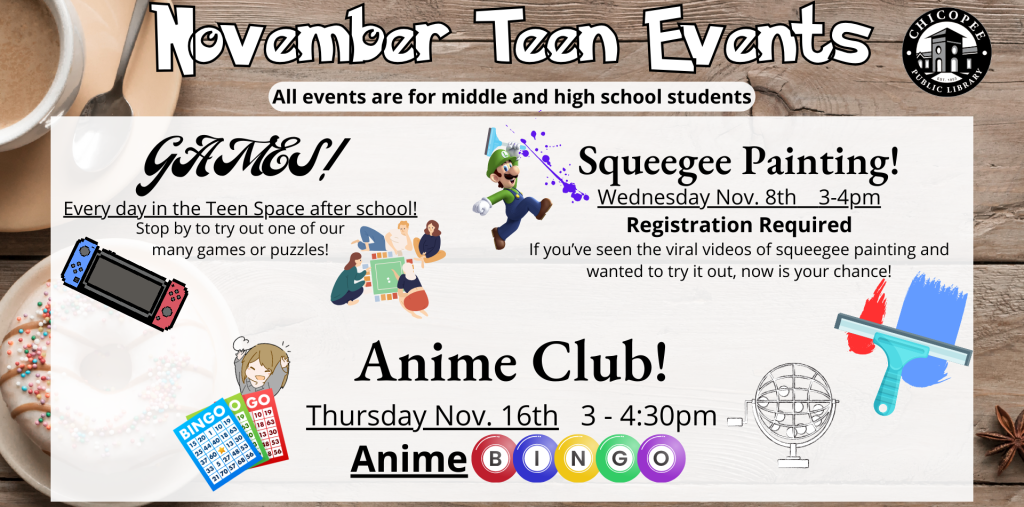 Cozy background that lists afterschool games, teen squeegee painting, and Anime Bingo as upcoming teen events at the library